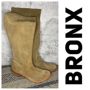Bronx Light Tan Tall Suede Flat Small Stacked Heel Boots